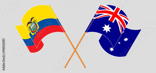 Crossed and waving flags of Republic of Ecuador and Australia
