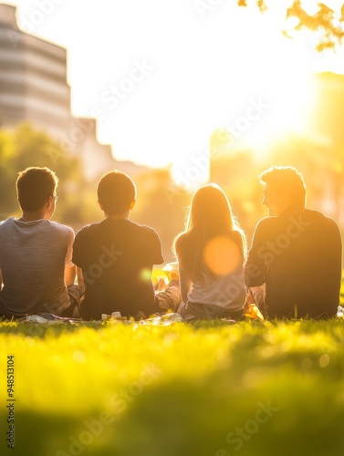 Fototapeta Naklejka Na Ścianę i Meble -  Silhouette of four friends sitting on grass, enjoying a golden sunset in an urban park with city buildings in the background