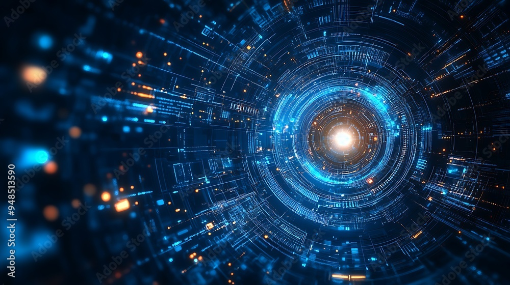 Obraz premium Futuristic digital background with glowing circular patterns and data lines. Concept of technology, data, and cyber visuals.