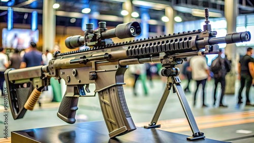 Modern semi-automatic rifle on display at a naval exhibition in Surabaya City, showcasing advanced German weaponry with a sleek design and precision engineering.