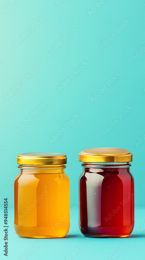 Two glass jars of honey on a blue background. Two glass jars of honey on a blue background.