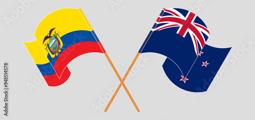 Crossed and waving flags of Republic of Ecuador and New Zealand