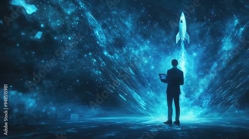 An abstract businessman with a tablet, launching a rocket hologram, set in a blue futuristic environment, illustrating startup momentum.