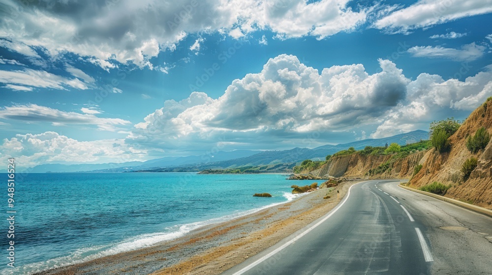 Landscape of a coastal road The sky is clear and turquoise. The background is white clouds. On the side are fresh green mountains. Landscape of a coastal road The sky is clear and turquoise. The background is white clouds. On the side are fresh green mountains.