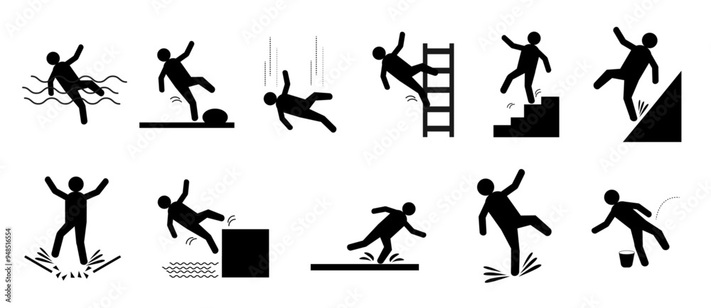 Set of caution symbols with stick figure man falling. Falling down the stairs and over the edge. Wet floor, tripping on stairs. Workplace safety. Vector illustration. Set of caution symbols with stick figure man falling. Falling down the stairs and over the edge. Wet floor, tripping on stairs. Workplace safety. Vector illustration.