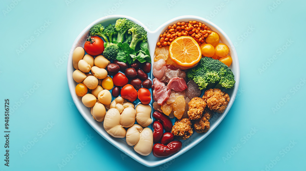 Illustration of a kidney-shaped plate filled with appropriate low-sodium foods, including lean proteins and whole grains, kidney health diet, nutritional guidance concept Illustration of a kidney-shaped plate filled with appropriate low-sodium foods, including lean proteins and whole grains, kidney health diet, nutritional guidance concept