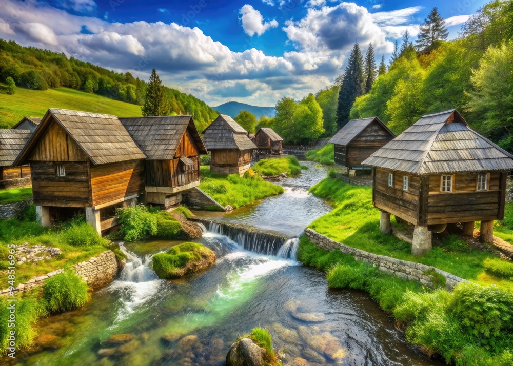 Scenic village surrounded by lush greenery, featuring ancient wooden mills and rustic cottages, with Majerovo vrilo river source of Gacka flowing gently through the landscape. Scenic village surrounded by lush greenery, featuring ancient wooden mills and rustic cottages, with Majerovo vrilo river source of Gacka flowing gently through the landscape.