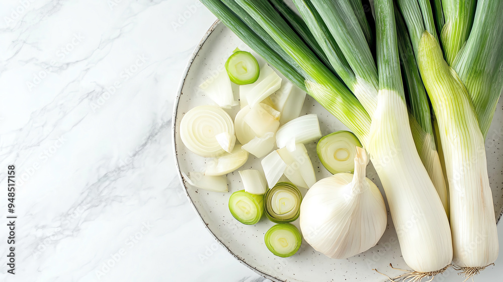 A beautifully arranged plate of sliced garlic, onions, and leeks on a white marble countertop, emphasizing their prebiotic content, prebiotic-rich diet, culinary health focus A beautifully arranged plate of sliced garlic, onions, and leeks on a white marble countertop, emphasizing their prebiotic content, prebiotic-rich diet, culinary health focus