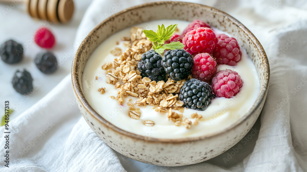 A bowl of yogurt topped with granola, fresh berries, and honey, served in a ceramic bowl on a linen cloth, Soft morning light, Earthy tones, Realistic A bowl of yogurt topped with granola, fresh berries, and honey, served in a ceramic bowl on a linen cloth, Soft morning light, Earthy tones, Realistic