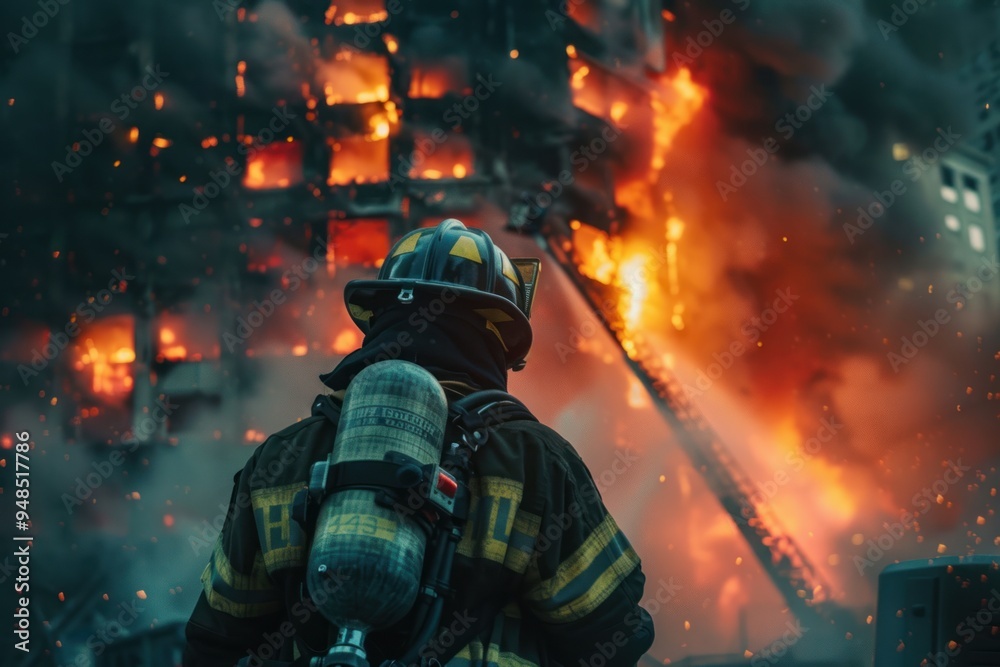 A firefighter man wearing a firefighter's uniform faces a large building fire. Highlights the bravery and dangers of intense firefighting. A firefighter man wearing a firefighter's uniform faces a large building fire. Highlights the bravery and dangers of intense firefighting.