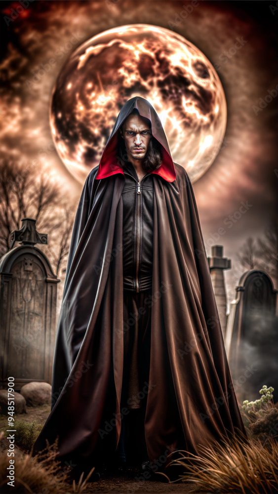 Vampire in dark cloak standing in a cemetery under a full moon, ominous and haunting Vampire in dark cloak standing in a cemetery under a full moon, ominous and haunting