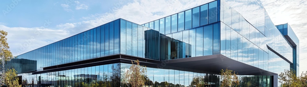 Fototapeta premium A modern glass office building with reflective surfaces and blue sky background, showcasing contemporary corporate architecture.