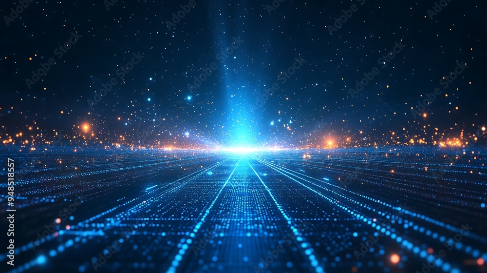 Fototapeta premium Futuristic digital landscape with glowing blue lights and data points, symbolizing technology, networking, and innovation.