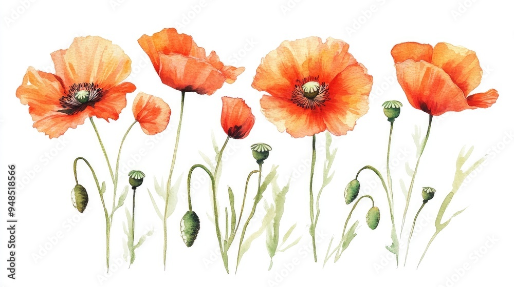 Fototapeta premium Watercolor illustration of poppies on a white background handcrafted decorative element
