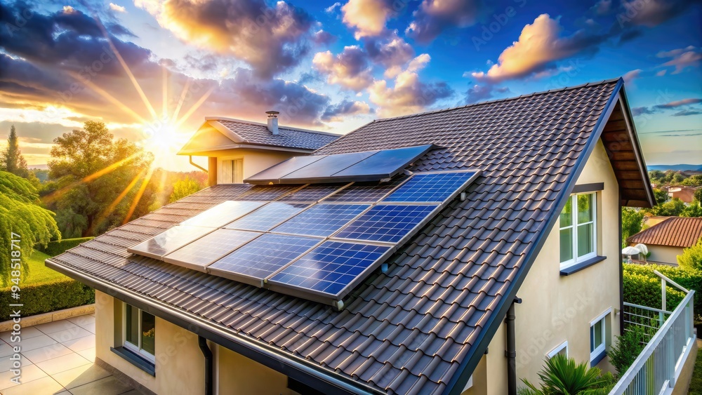 Fototapeta premium Sleek solar panels installed on a modern residential roof, harnessing renewable energy and reducing carbon footprint, with a blurred natural background and blue sky.
