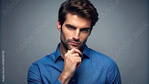 Sly and attractive male model with clever expression, contemplating a sneaky scheme, wearing a blue shirt, on a gray background, in a studio setting. photo