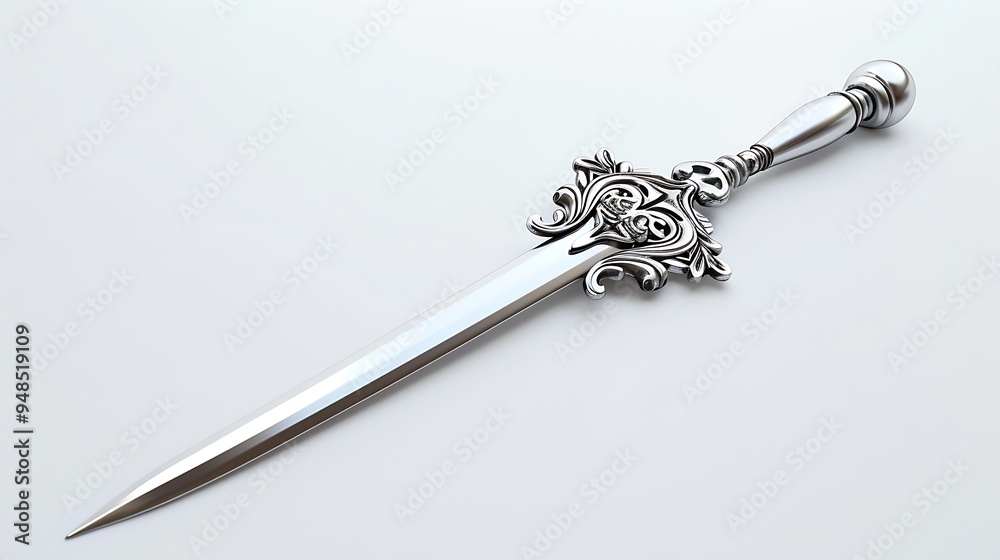 A sword isolated on a white background displays its sleek, sharp blade and ornate hilt. The contrast between the metallic sheen of the sword and the simplicity of the background emphasizes its detaile A sword isolated on a white background displays its sleek, sharp blade and ornate hilt. The contrast between the metallic sheen of the sword and the simplicity of the background emphasizes its detaile