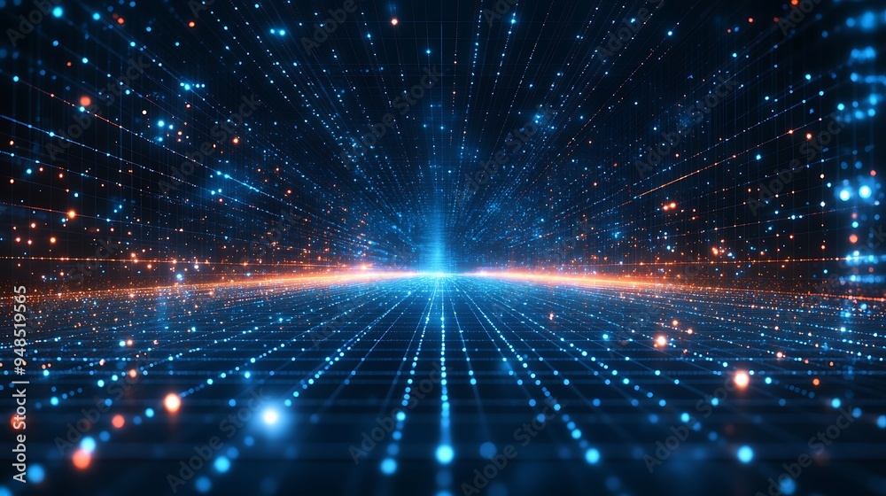 Futuristic digital landscape with glowing data points and grid lines, representing technology, AI, and data transmission.