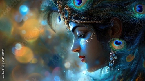 Beautiful digital painting of Lord Krishna with a peacock feather crown, symbolizing divine grace, perfect for spiritual home decor.