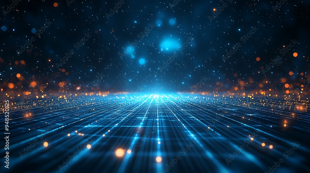 Futuristic digital landscape with glowing grid lines and particles, representing technology, innovation, and virtual reality. Futuristic digital landscape with glowing grid lines and particles, representing technology, innovation, and virtual reality.
