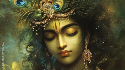 Beautiful digital painting of Lord Krishna with a peacock feather crown, symbolizing divine grace, perfect for spiritual home decor.
