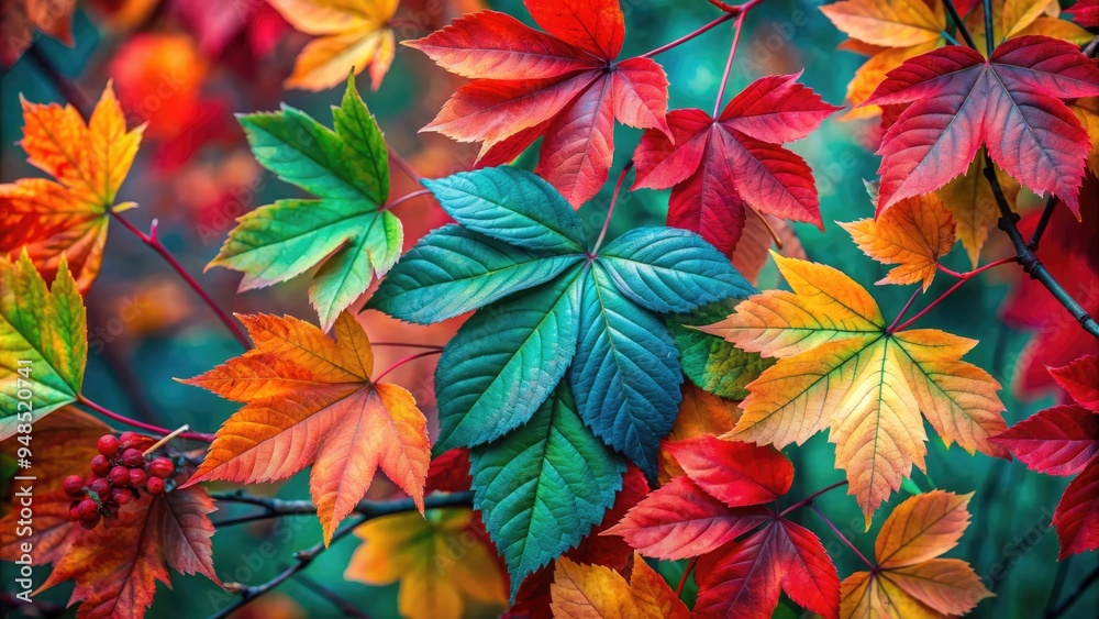 Vibrant autumn leaves in shades of emerald, amber, and crimson unfold amidst delicate twigs, creating a mesmerizing display of natural, elegant, and intricate beauty. Vibrant autumn leaves in shades of emerald, amber, and crimson unfold amidst delicate twigs, creating a mesmerizing display of natural, elegant, and intricate beauty.