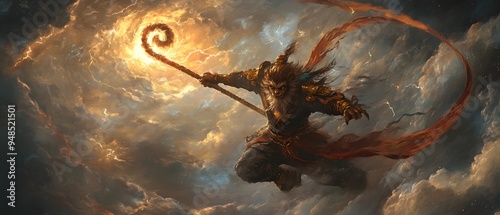 Mythical Monkey King Flying Through Stormy Clouds photo