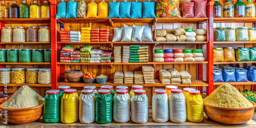 Vibrant display of Kompas flour products, including packaged mixes and baking supplies, arranged on a colorful shelf, highlighting Indonesian craftsmanship and local ingredients. Vibrant display of Kompas flour products, including packaged mixes and baking supplies, arranged on a colorful shelf, highlighting Indonesian craftsmanship and local ingredients.
