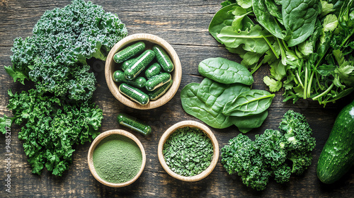 Flat lay of chlorophyll capsules and fresh green leafy vegetables like spinach and kale, arranged on a wooden table, chlorophyll supplement, green superfood concept