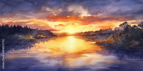 Watercolor illustration of a sunrise over a river