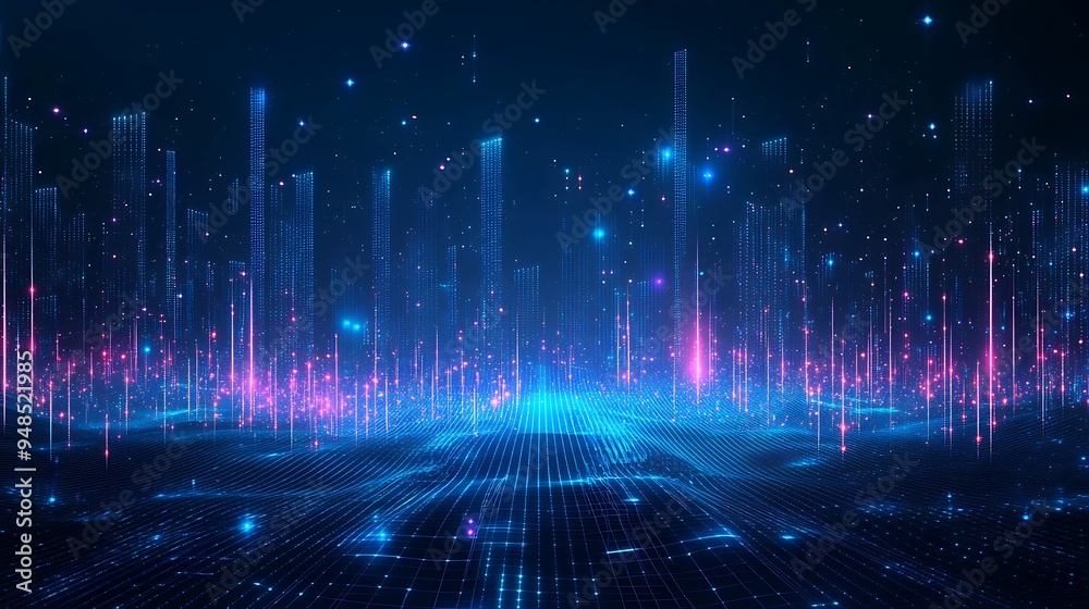 Futuristic digital landscape with glowing neon lights and data visualization, representing advanced technology and virtual reality. Futuristic digital landscape with glowing neon lights and data visualization, representing advanced technology and virtual reality.