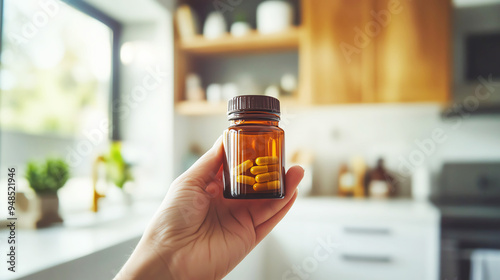 Hand holding a small bottle of probiotics supplements, with a blurred background of a kitchen or bathroom, probiotic supplements, daily health routine concept