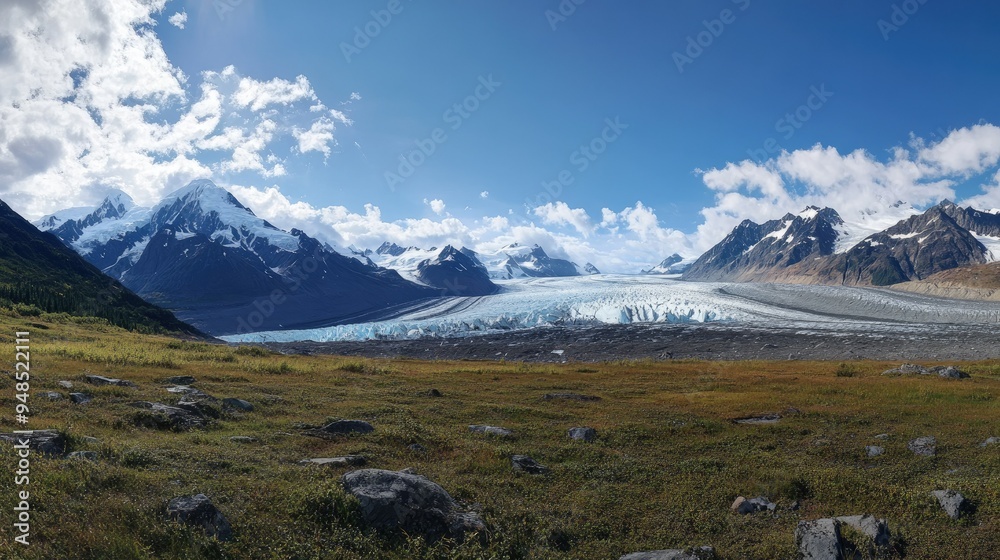 A panoramic view of the Alaskan wilderness with glaciers and rugged terrain. No people, copy space. A panoramic view of the Alaskan wilderness with glaciers and rugged terrain. No people, copy space.