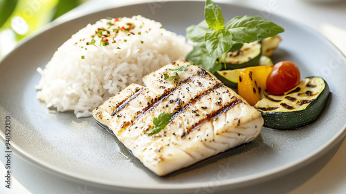 High-angle view of a simple renal diet meal with a small portion of grilled fish photo
