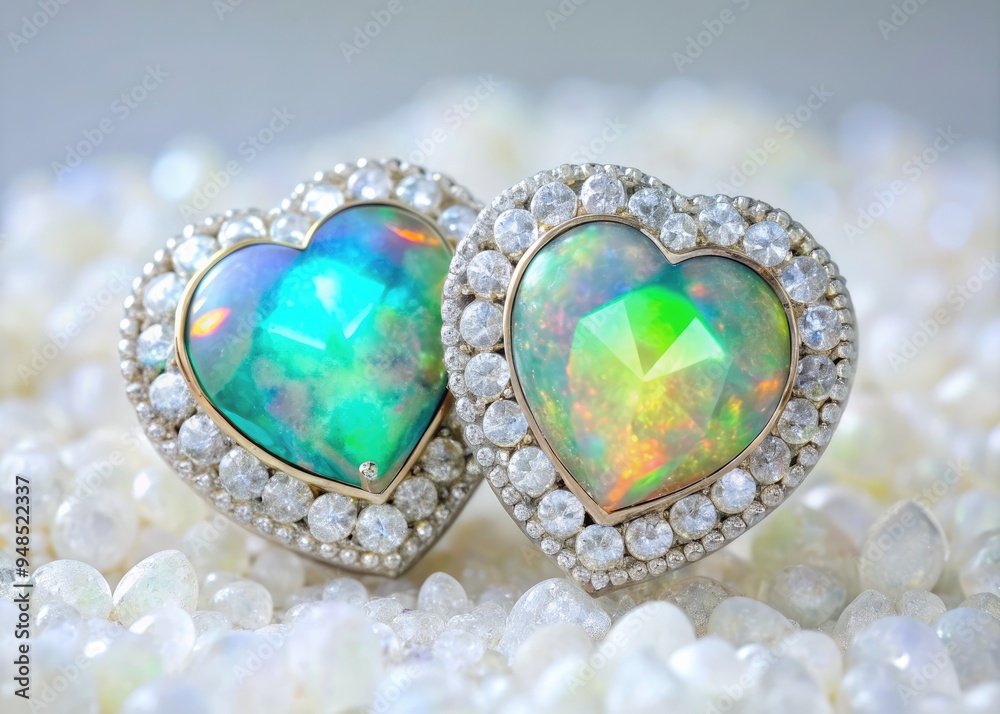 Vibrant heart-shaped diamonds adorn a raw opal gemstone against a pristine white backdrop, creating a stunning and romantic symbol of love, perfect for Valentine's Day. Vibrant heart-shaped diamonds adorn a raw opal gemstone against a pristine white backdrop, creating a stunning and romantic symbol of love, perfect for Valentine's Day.
