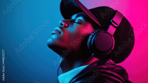 A person framed in a blue and pink neon-lit environment wears headphones looking up, portraying a modern, urban, and immersive scene with high contrast and depth. photo