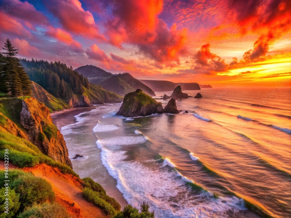 Fototapeta premium Vibrant orange and pink hues dance across the sky as the sun dips below the Pacific Ocean, illuminating the rugged Oregon coastline's scenic cliffs and misty shores.