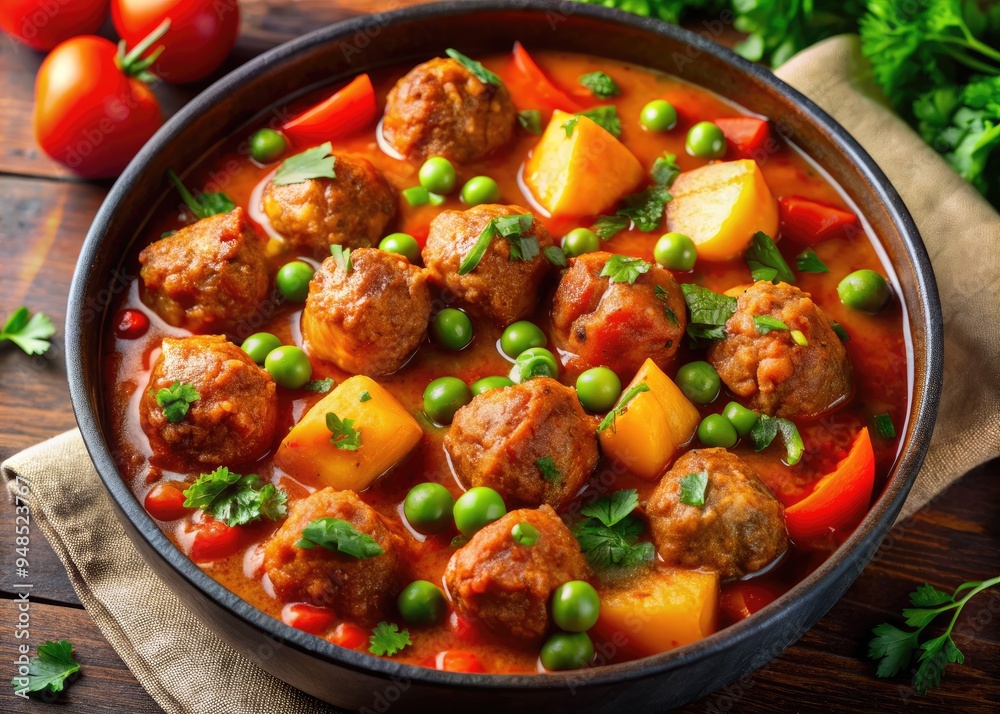 Vibrant, slow-cooked Turkish meatball stew, Sulu Kofte, overflows with tender potatoes, carrots, and green peas in a rich, fragrant tomato sauce, shot from a dramatic angle.