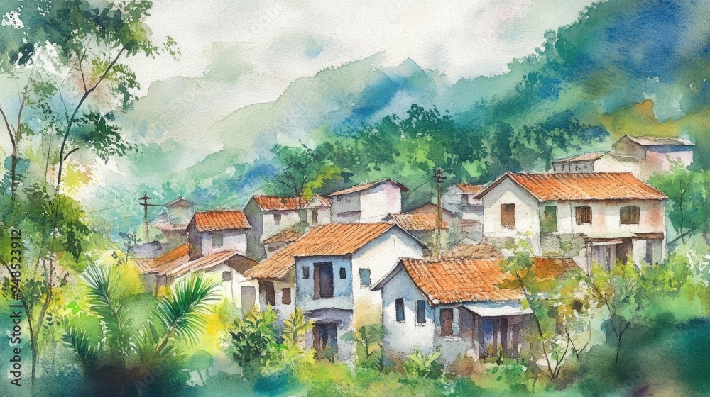 Watercolor illustration of a small picturesque village Watercolor illustration of a small picturesque village
