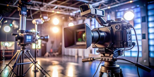 Close-up of a studio camera recording an interview with professional lighting and setup , studio, camera, recording