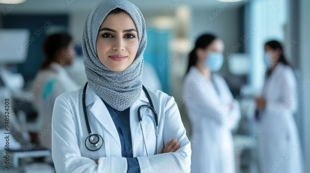 Hijabi doctor, leading a medical team during a patient consultation in a hospital,