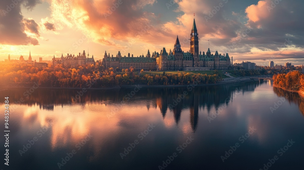 A panoramic view of the Canadian Parliament buildings in Ottawa at sunset. No people, copy space.