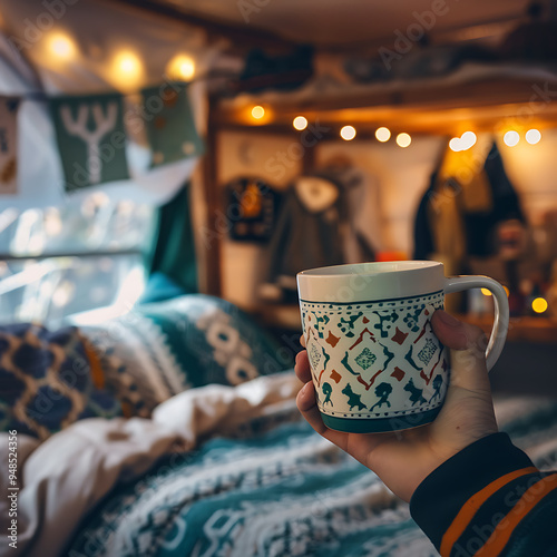 College Vibes: Young Adult's Hand Holding University-Themed Coffee Mug in Dorm Room Party Ambiance