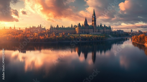 A panoramic view of the Canadian Parliament buildings in Ottawa at sunset. No people, copy space.