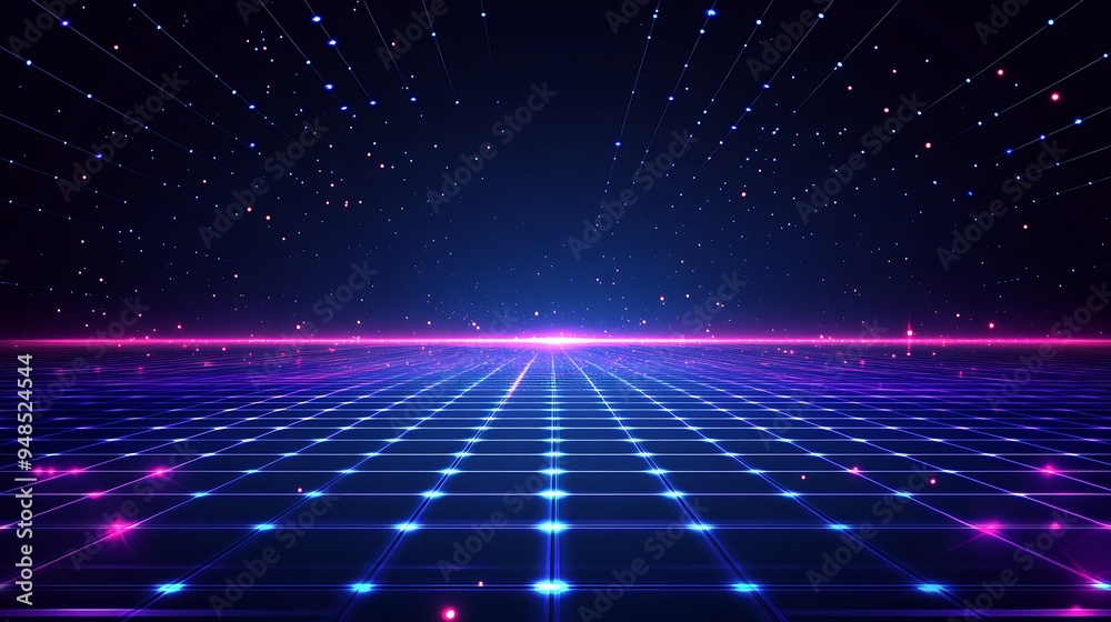 Futuristic neon grid with glowing lights, representing a digital, sci-fi, and retro cyber landscape, perfect for technology-themed designs. Futuristic neon grid with glowing lights, representing a digital, sci-fi, and retro cyber landscape, perfect for technology-themed designs.