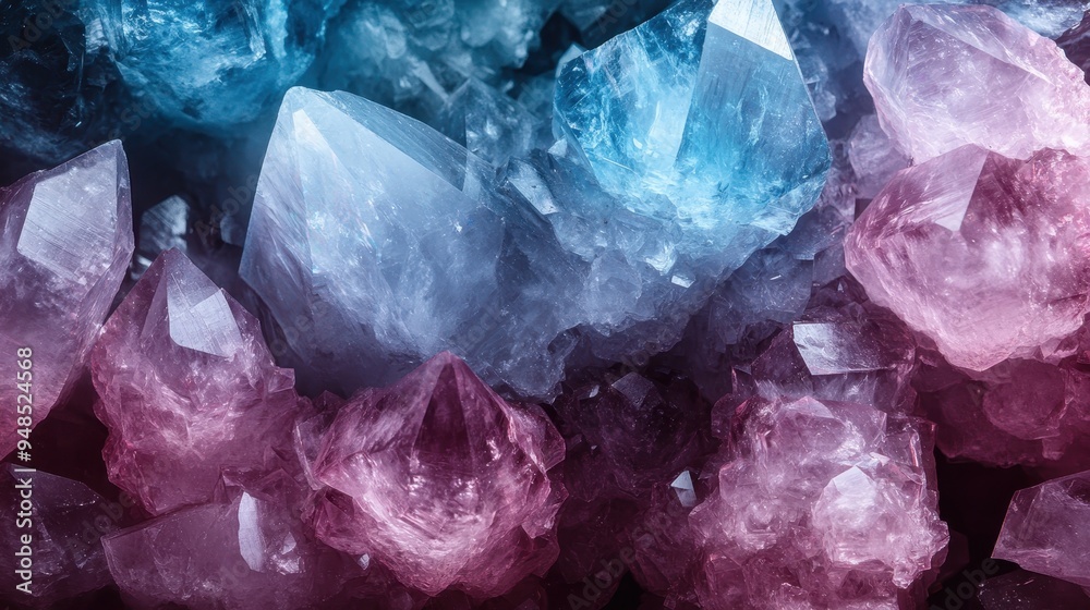 A beautiful close-up shot of pink and blue crystals, showcasing their intricate details and vibrant colors, representing the natural beauty and brilliant forms found in geology. A beautiful close-up shot of pink and blue crystals, showcasing their intricate details and vibrant colors, representing the natural beauty and brilliant forms found in geology.