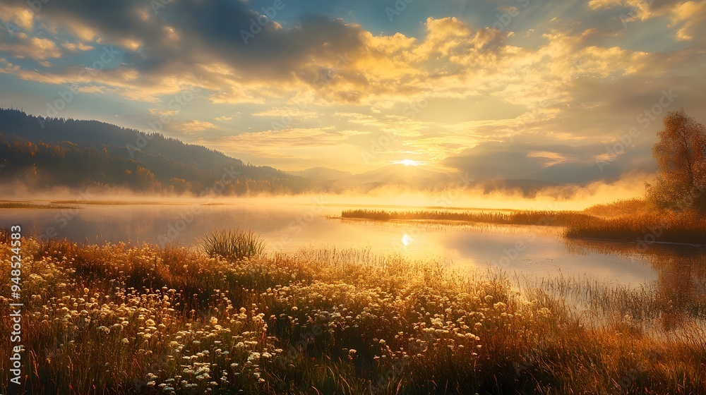 Golden autumn morning Dewy meadows, sunrise over a lake, fog rising Golden autumn morning Dewy meadows, sunrise over a lake, fog rising