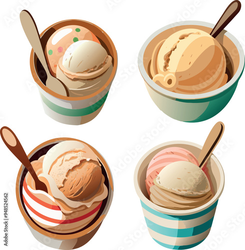 Two scoops of ice cream resting in a white bowl with a spoon-