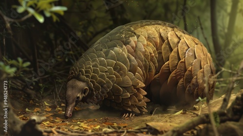 A pangolin with scales walks through the forest.