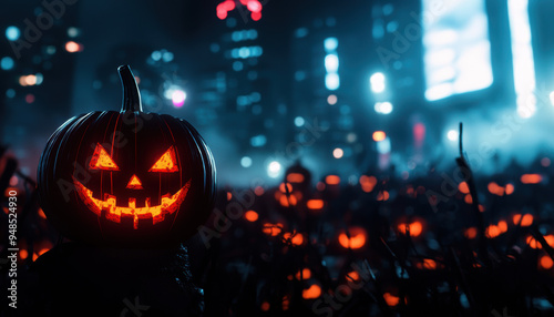 Wallpaper Mural A Halloween celebration in a neonlit city with cyberpunk costumes and futuristic decorations Torontodigital.ca